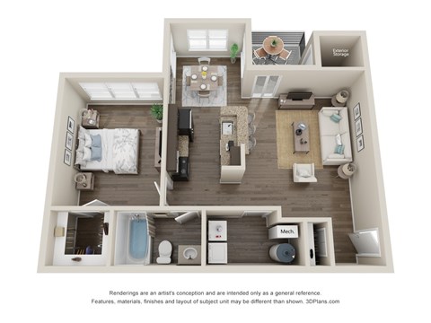 A 3D floor plan of a house with a kitchen, living room, and bathroom.